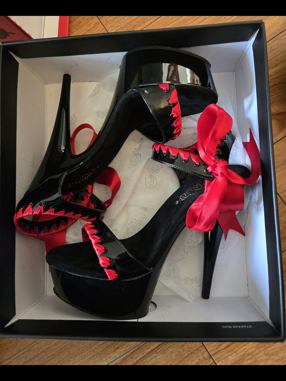 Pleaser Black Patent Platform Heels with Red Ribbon Scallop Accents